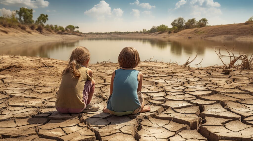 Children look at dried river global wrming